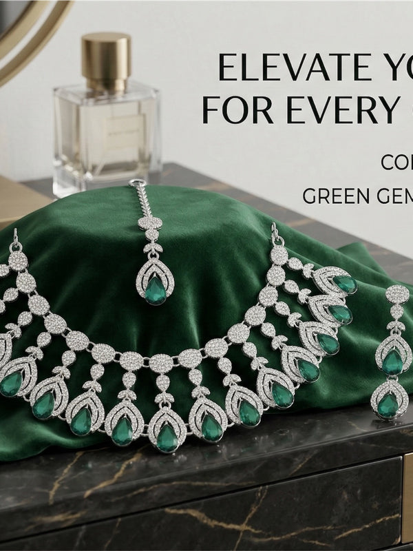 Green Brass Glass Stone Choker Set For Women