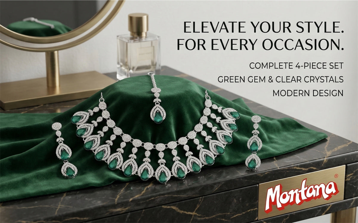 Green Brass Glass Stone Choker Set For Women