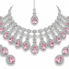 Pink Brass Glass Stone Choker Set For Women