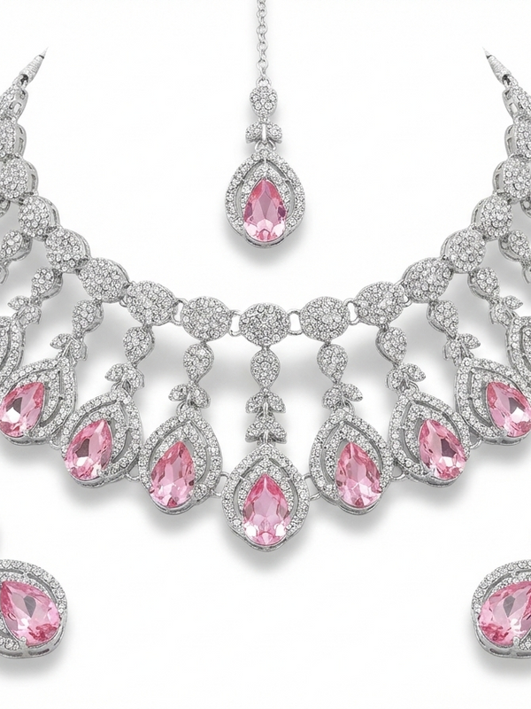 Pink Brass Glass Stone Choker Set For Women