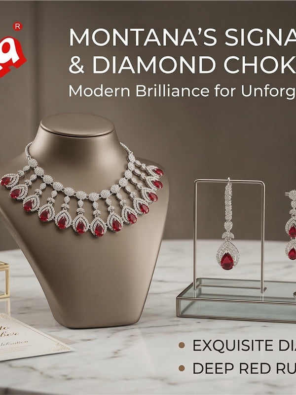 Ruby Brass Glass Stone Choker Set For Women