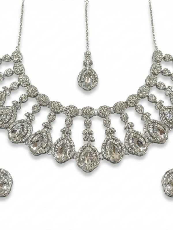 White Brass Glass Stone Choker Set For Women