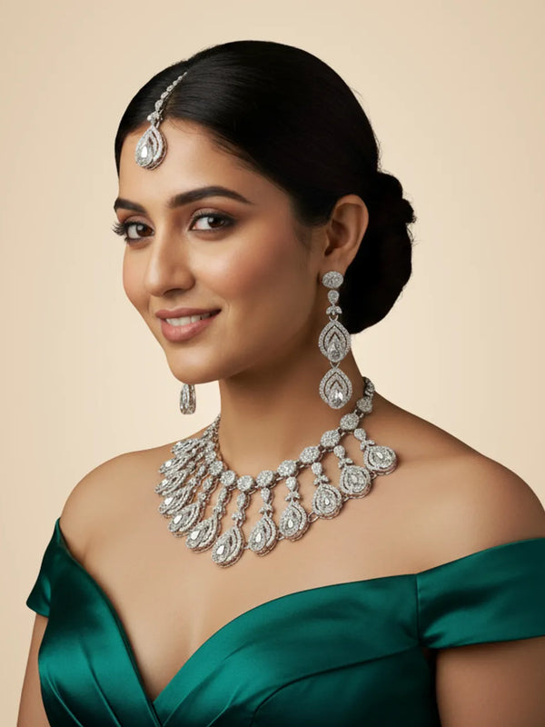 White Brass Glass Stone Choker Set For Women