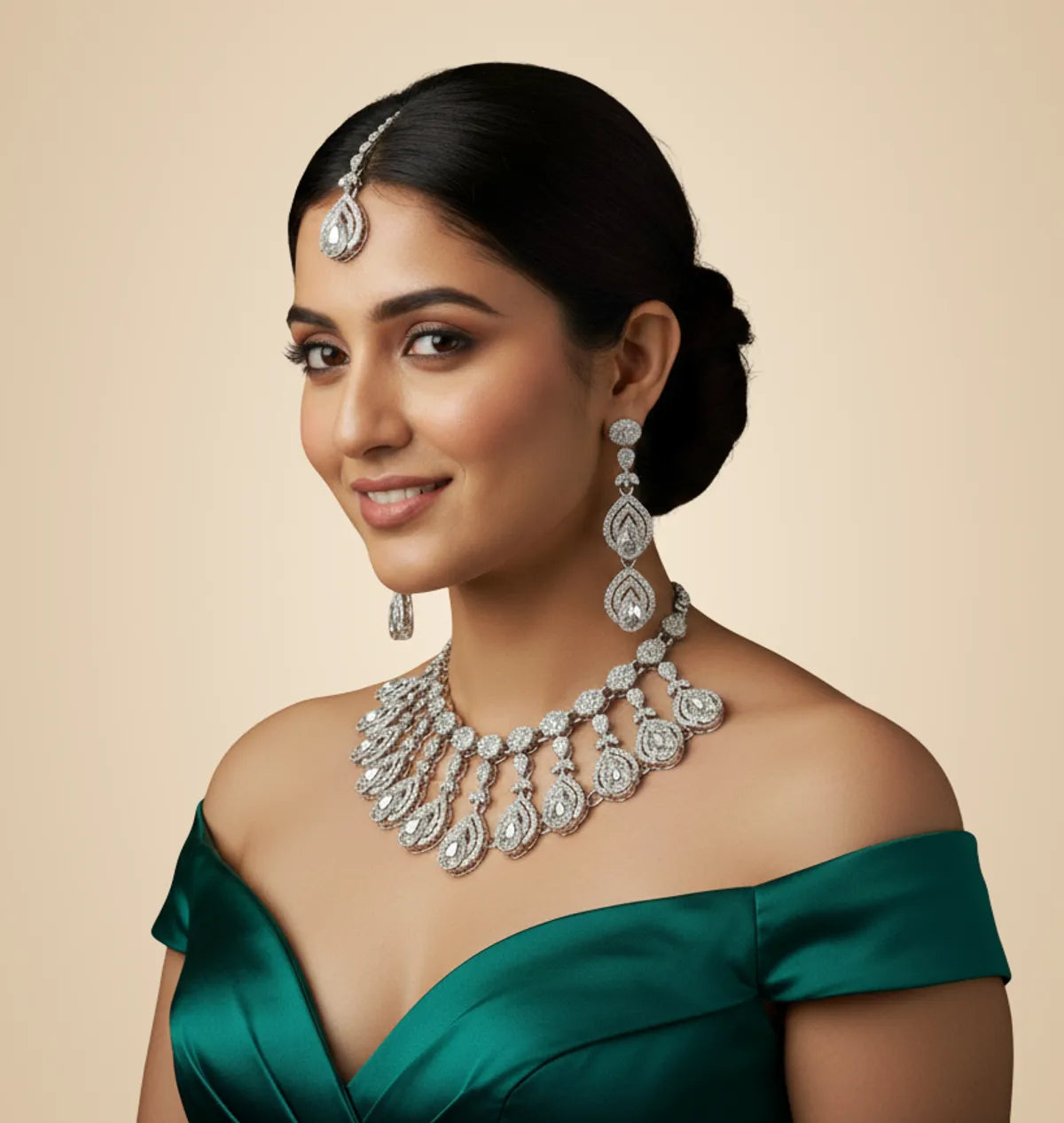 Green Brass Glass Stone Choker Set For Women