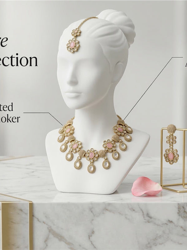 Pink Brass Glass Stone Choker Set For Women