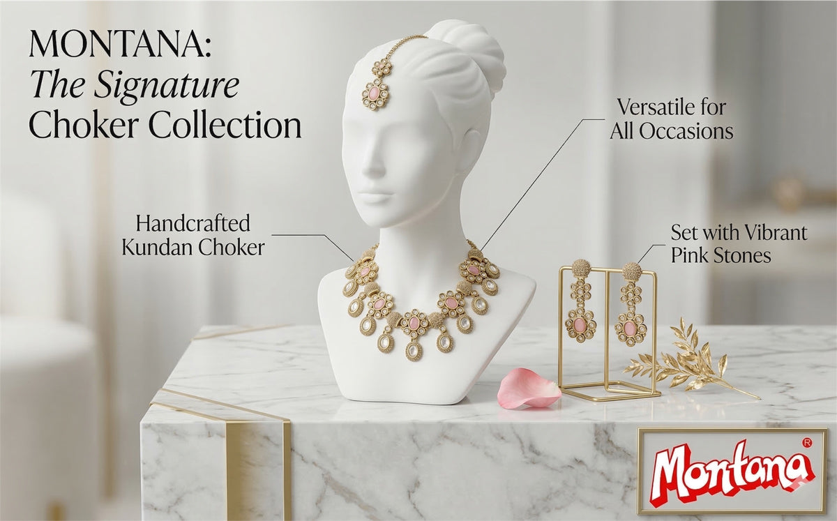 Pink Brass Glass Stone Choker Set For Women