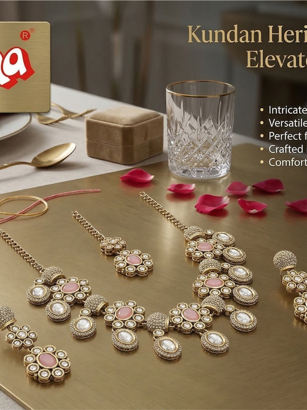 Pink Brass Glass Stone Choker Set For Women
