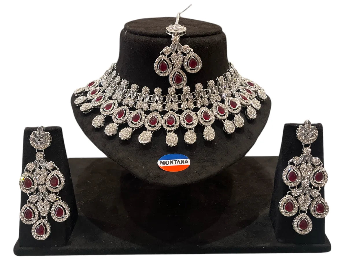 Ruby Brass Glass Stone Choker Set For Women