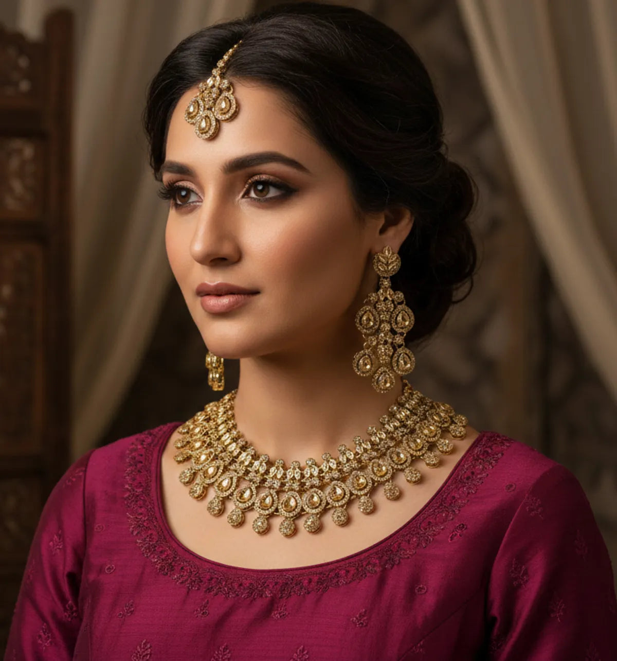 Ruby Brass Glass Stone Choker Set For Women