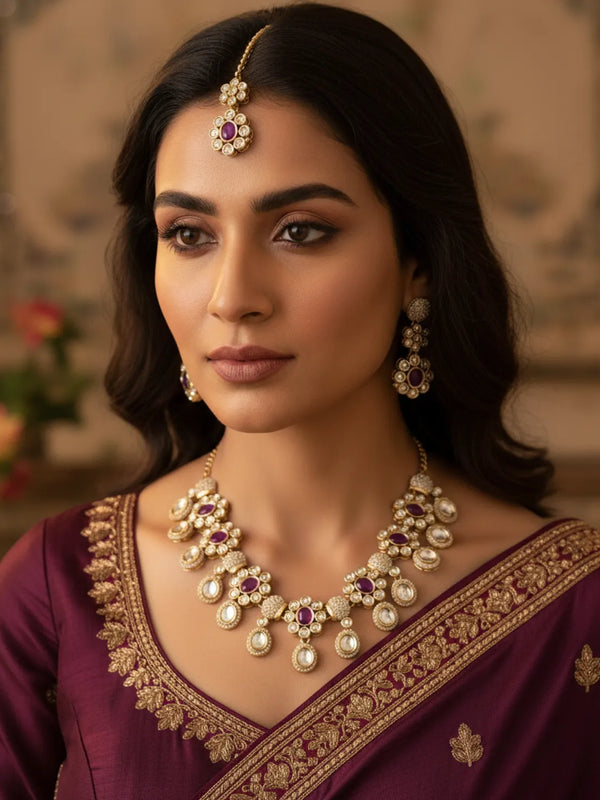 Wine Kundan Necklace Set for Women