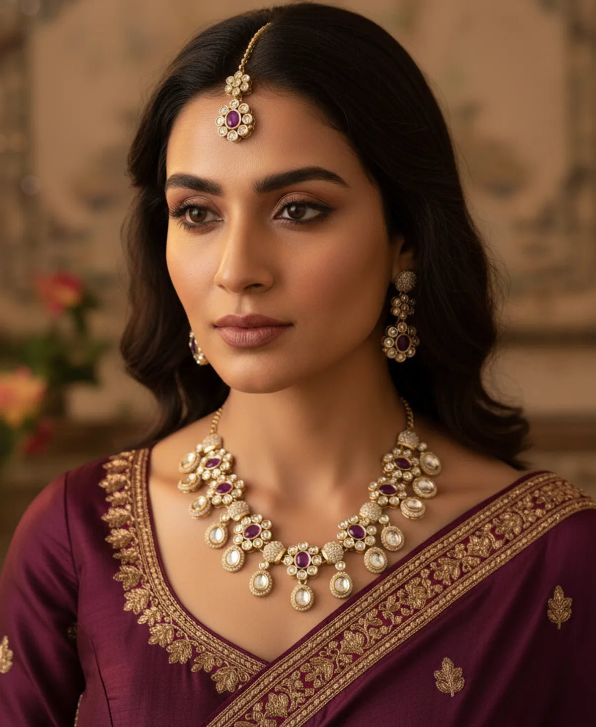 Wine Kundan Necklace Set for Women