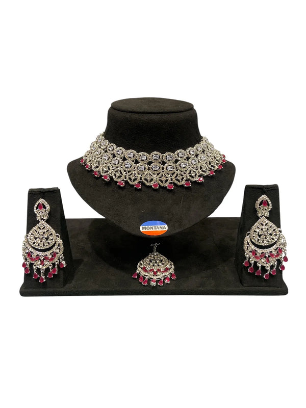 Ruby Brass Glass Stone Choker Set For Women