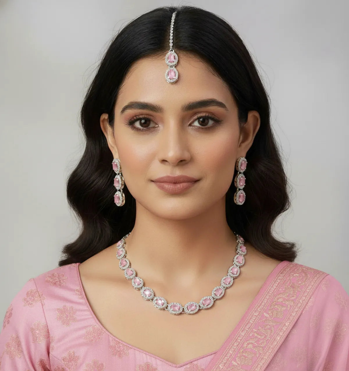 Pink Glass stone Necklace Set for women