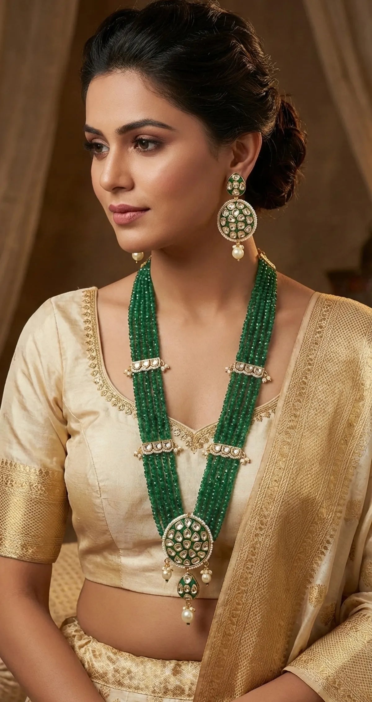 Green Brass Kundan Set For Women