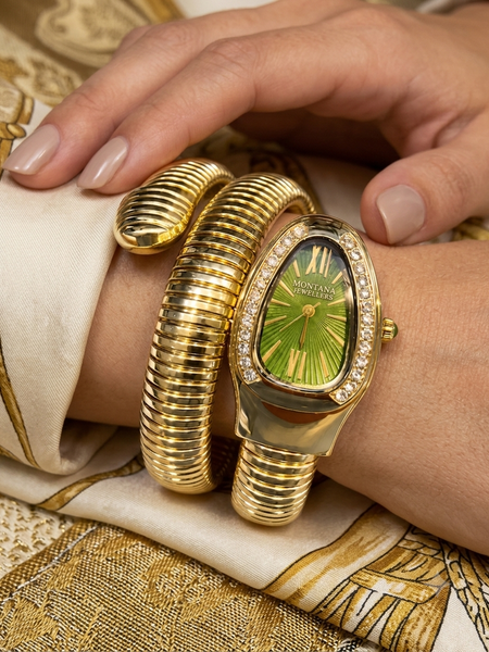 Gold-Tone Serpent Wrap Watch with Emerald Green Dial
