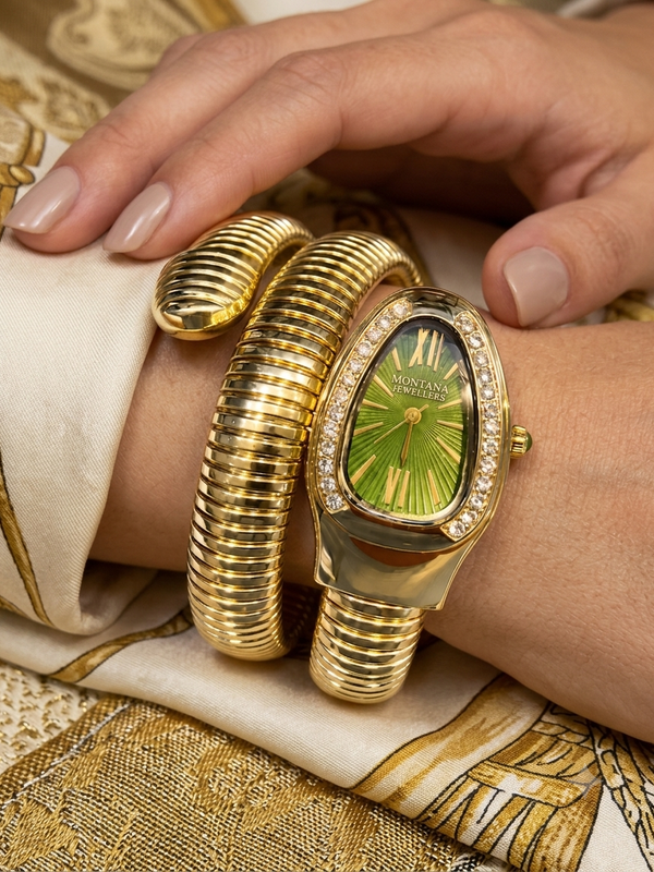 Gold-Tone Serpent Wrap Watch with Emerald Green Dial