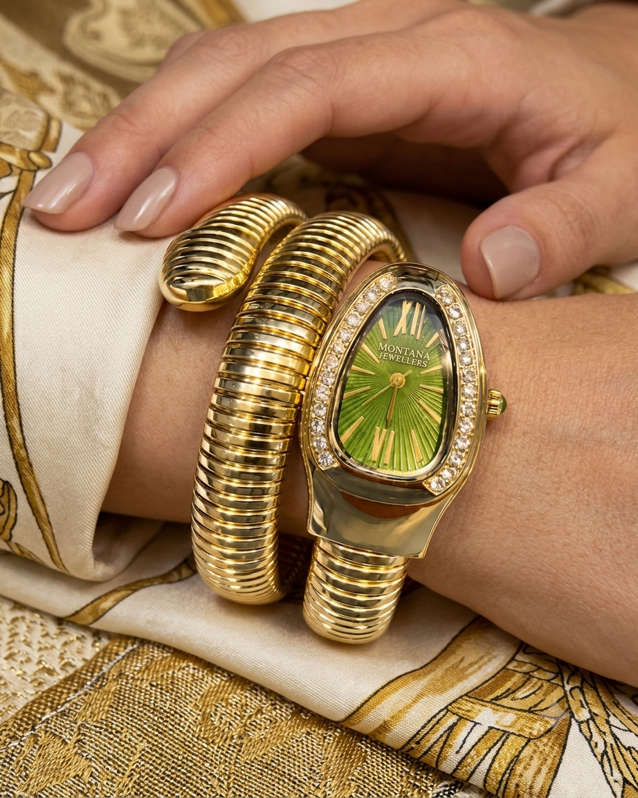 Gold-Tone Serpent Wrap Watch with Emerald Green Dial