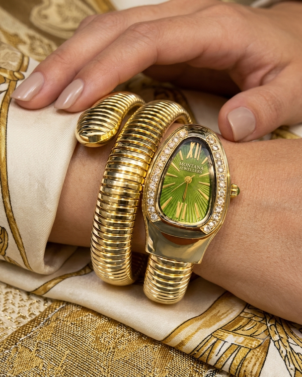 Gold-Tone Serpent Wrap Watch with Emerald Green Dial