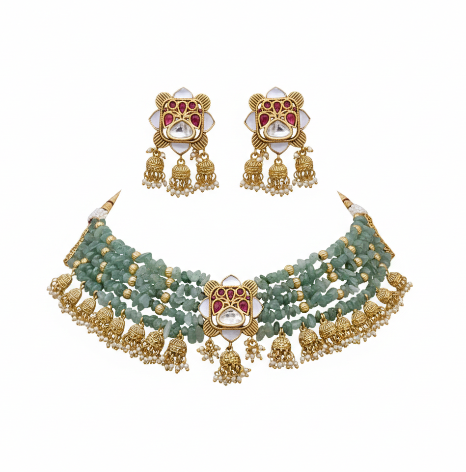 Green Brass Heritage Choker Set For Women