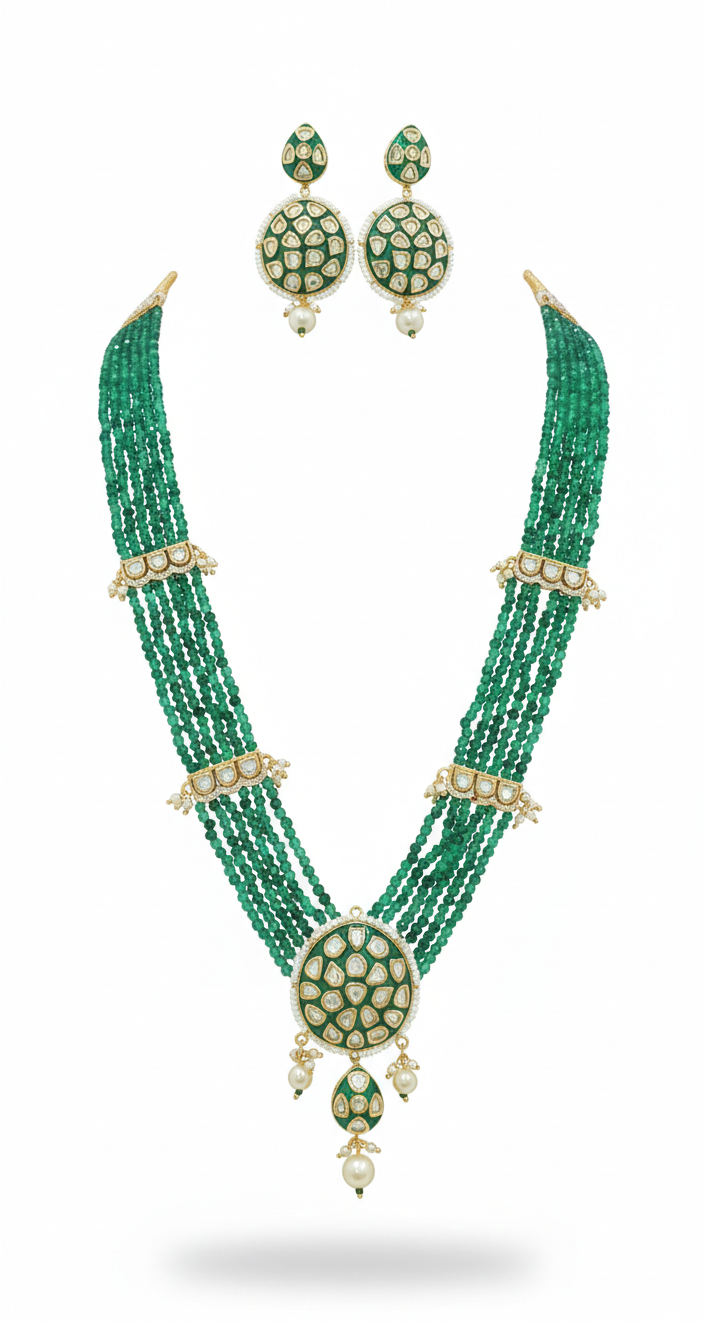 Green Brass Kundan Set For Women