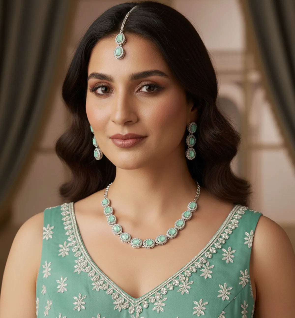 Mint Glass stone Necklace Set for women