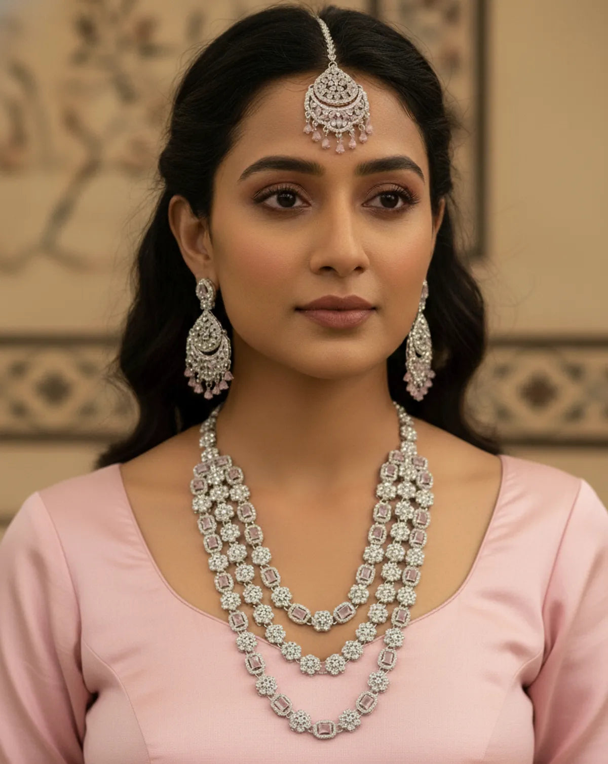 Pink Blue Brass Multilayer Necklace Set For Women