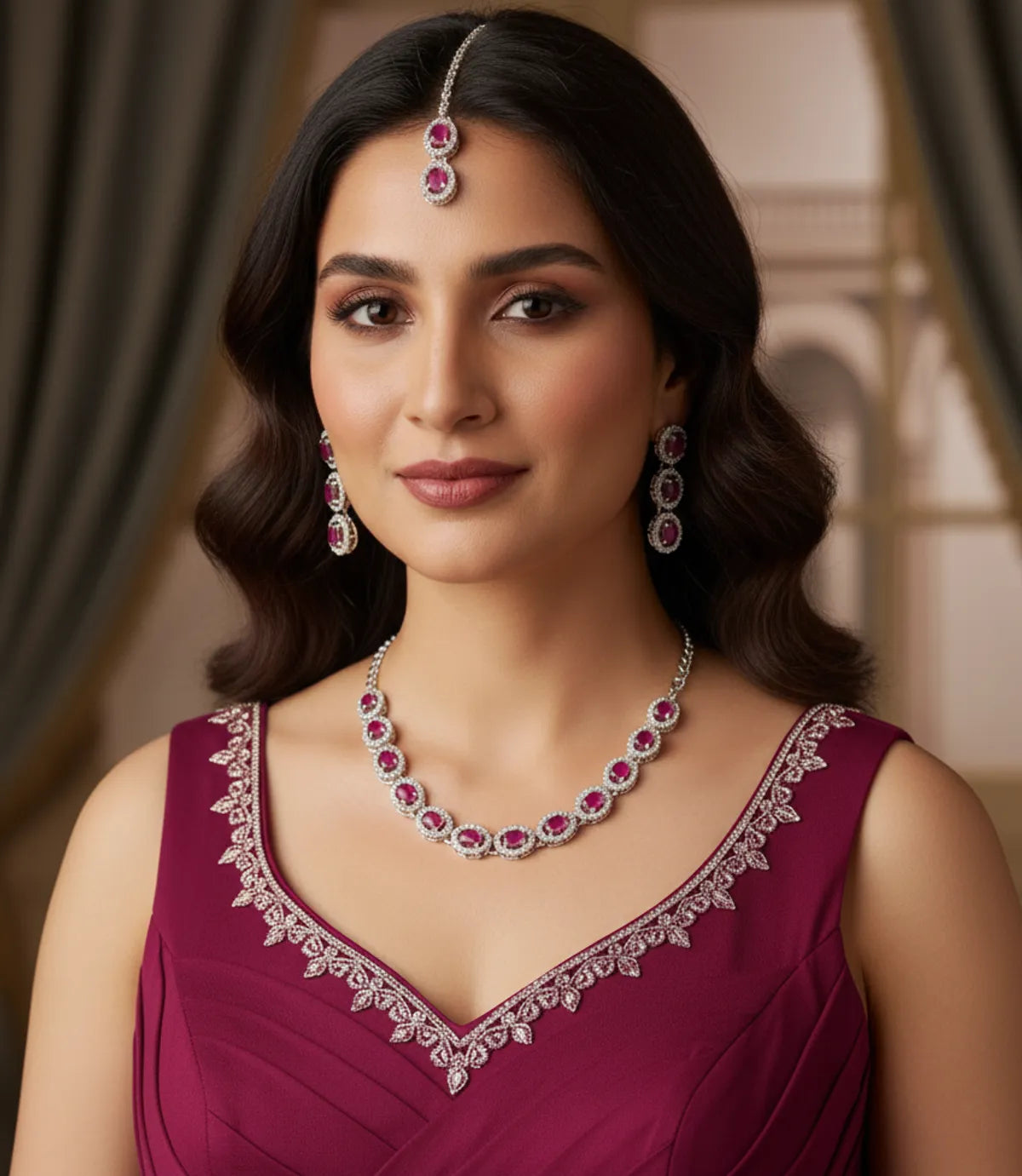Ruby Glass stone Necklace Set for women