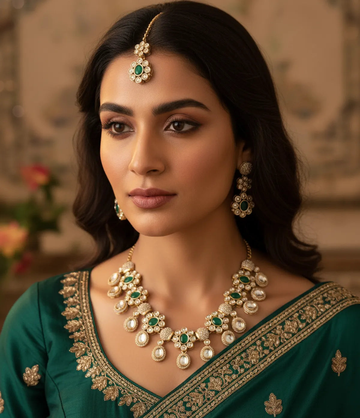 Green Kundan Necklace Set for Women