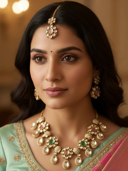 Mint Pink Kundan Necklace Set for Women