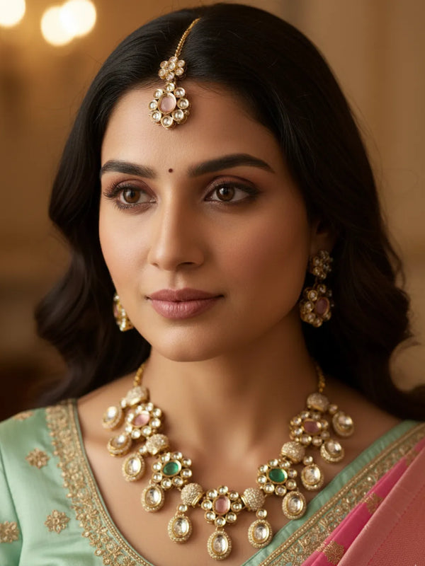 Mint Pink Kundan Necklace Set for Women