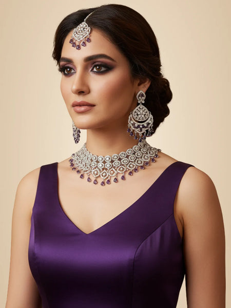 Wine Brass Glass Stone Choker Set For Women