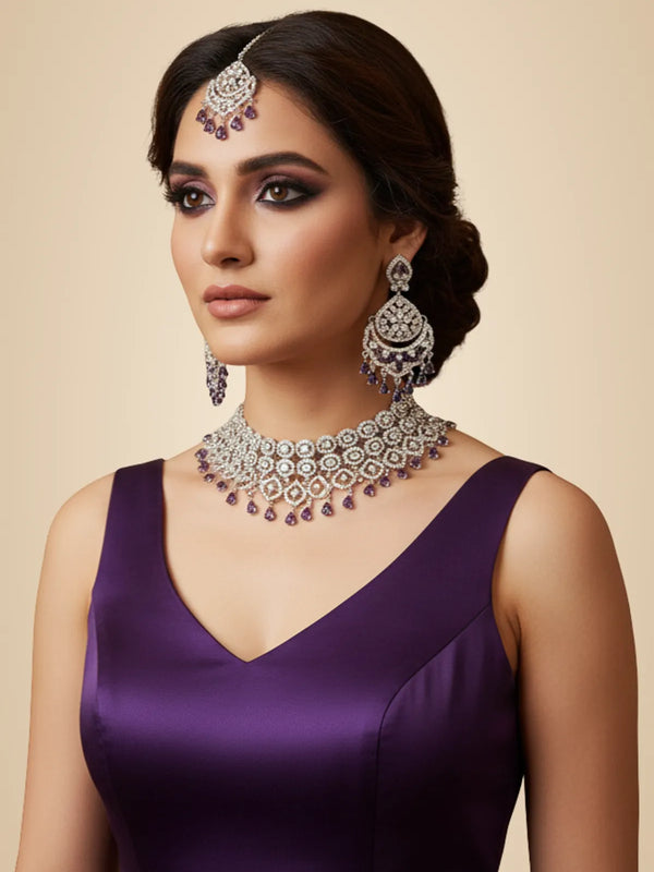 Wine Brass Glass Stone Choker Set For Women