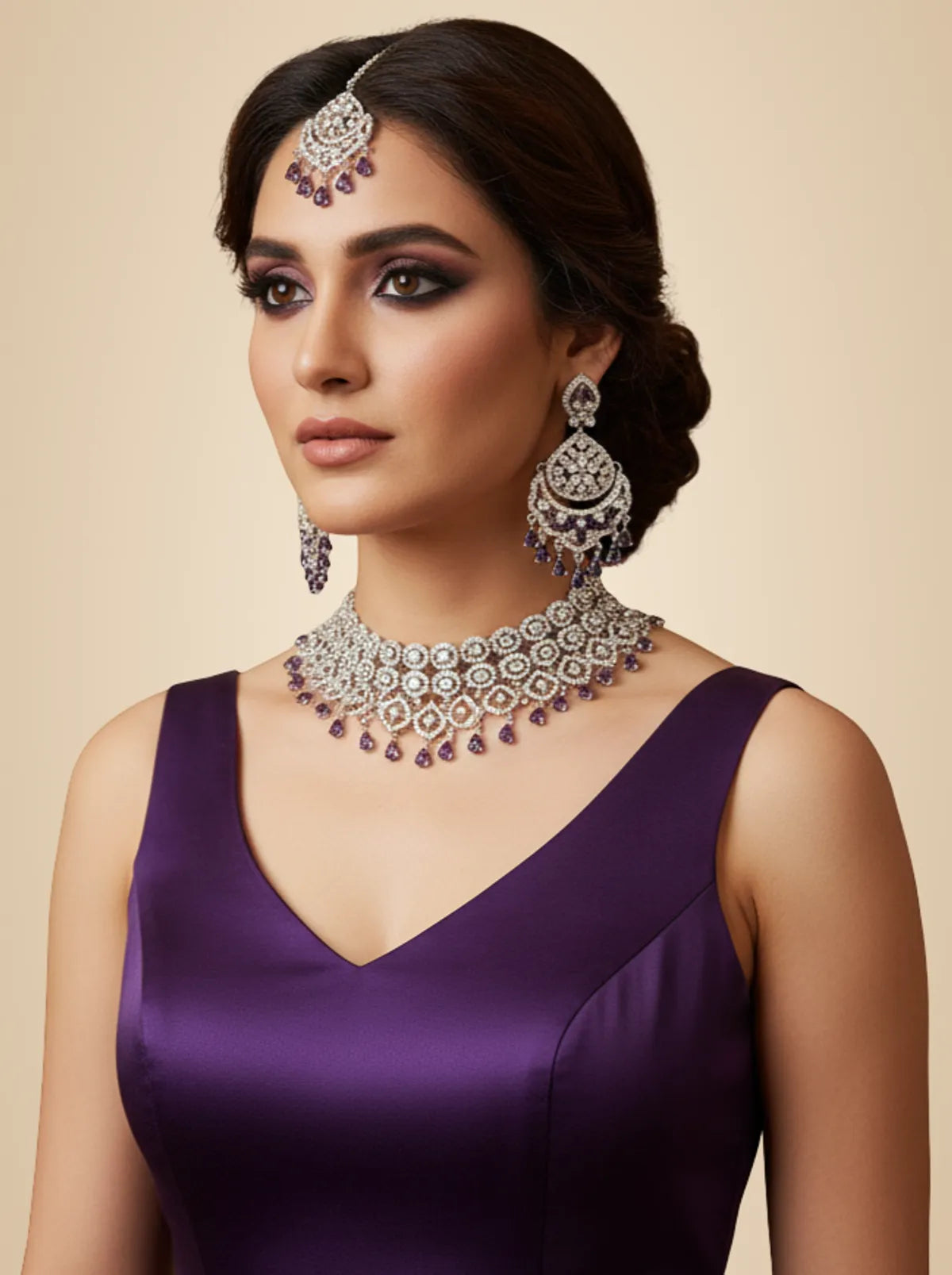 Wine Brass Glass Stone Choker Set For Women