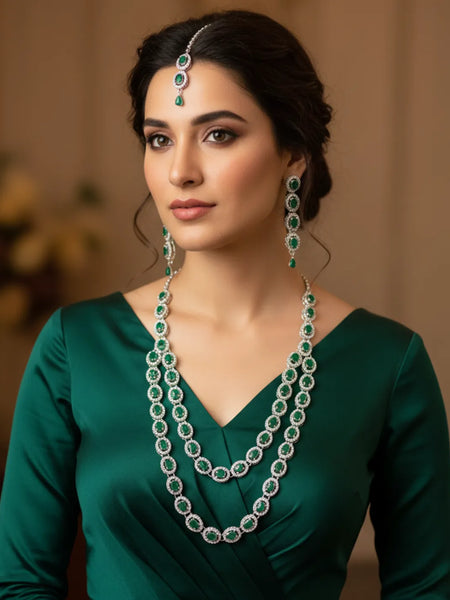 Green Brass Multilayer Necklace Set For Women