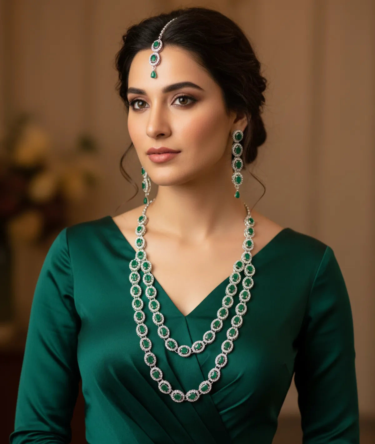 Green Brass Multilayer Necklace Set For Women