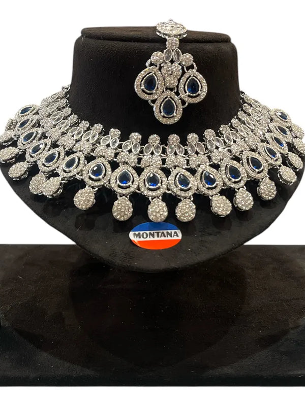 monatana Blue Brass Glass Stone Choker Set For Women