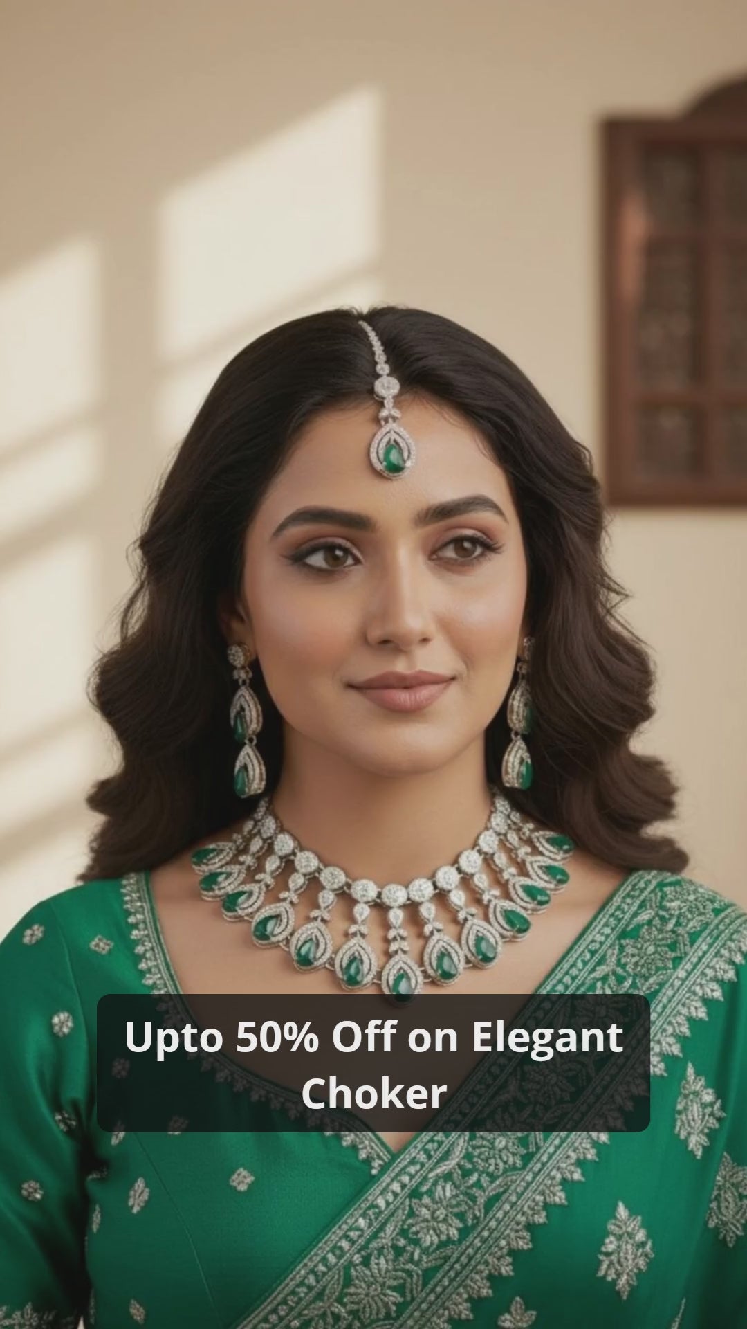 Green Brass Glass Stone Choker Set For Women