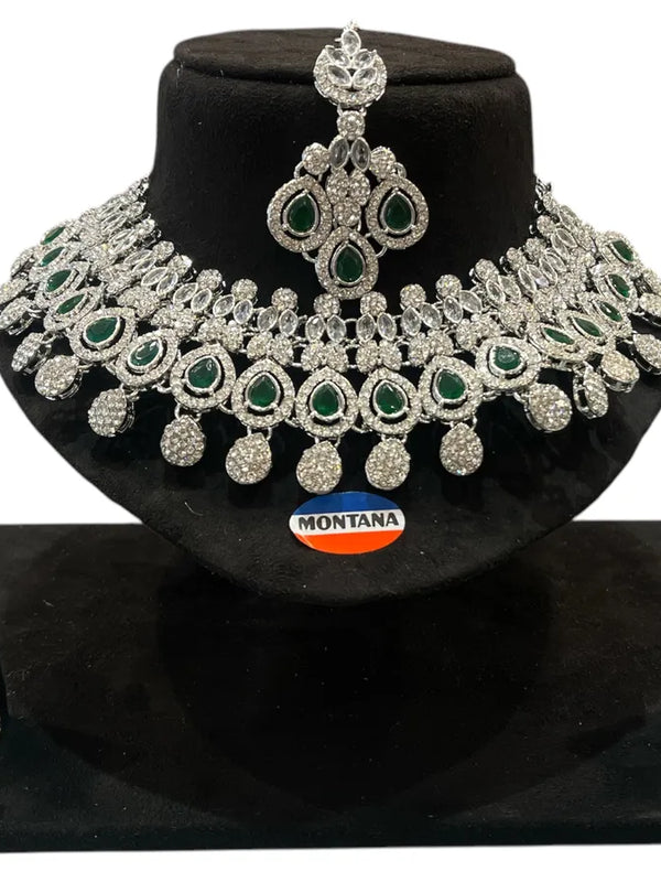 Green Brass Glass Stone Choker Set For Women