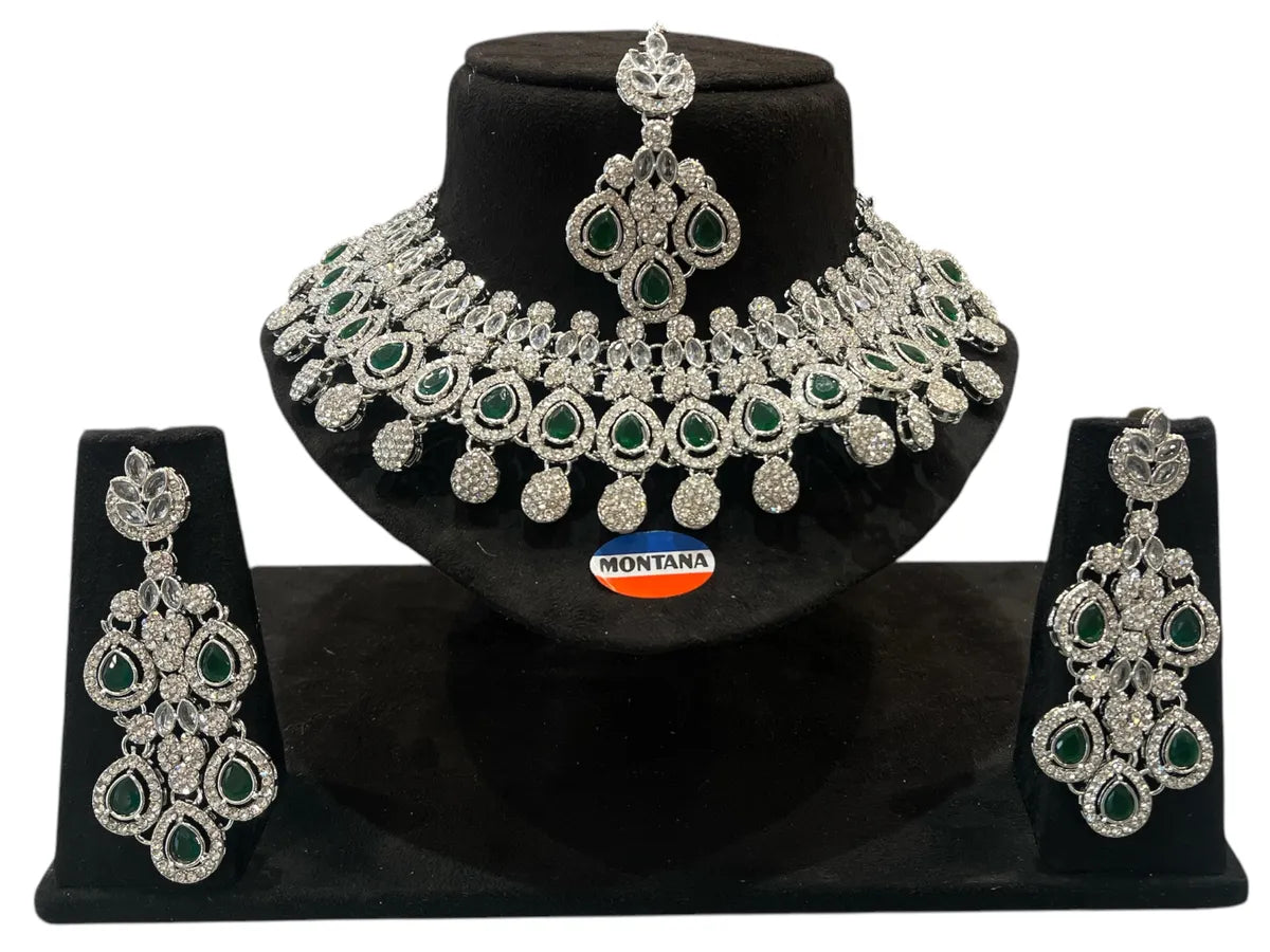 Green Brass Glass Stone Choker Set For Women