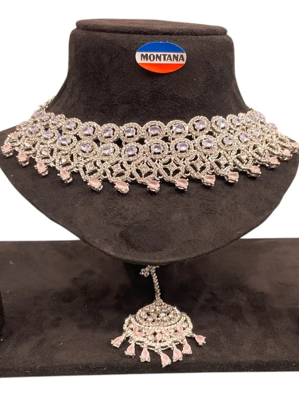 Pink Brass Glass Stone Choker Set For Women