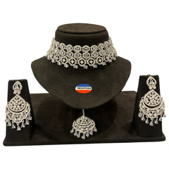 White Brass Glass Stone Choker Set For Women
