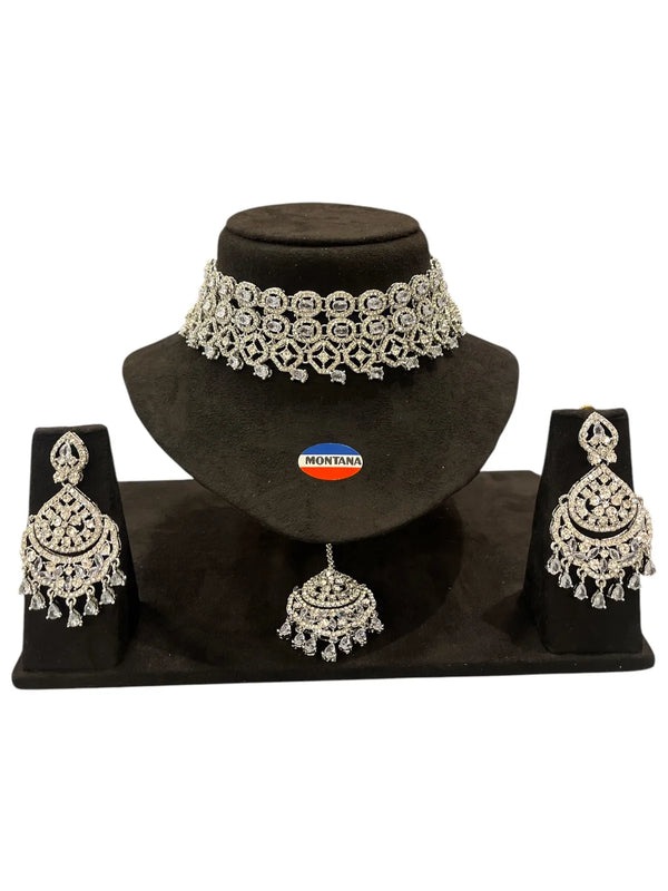 White Brass Glass Stone Choker Set For Women